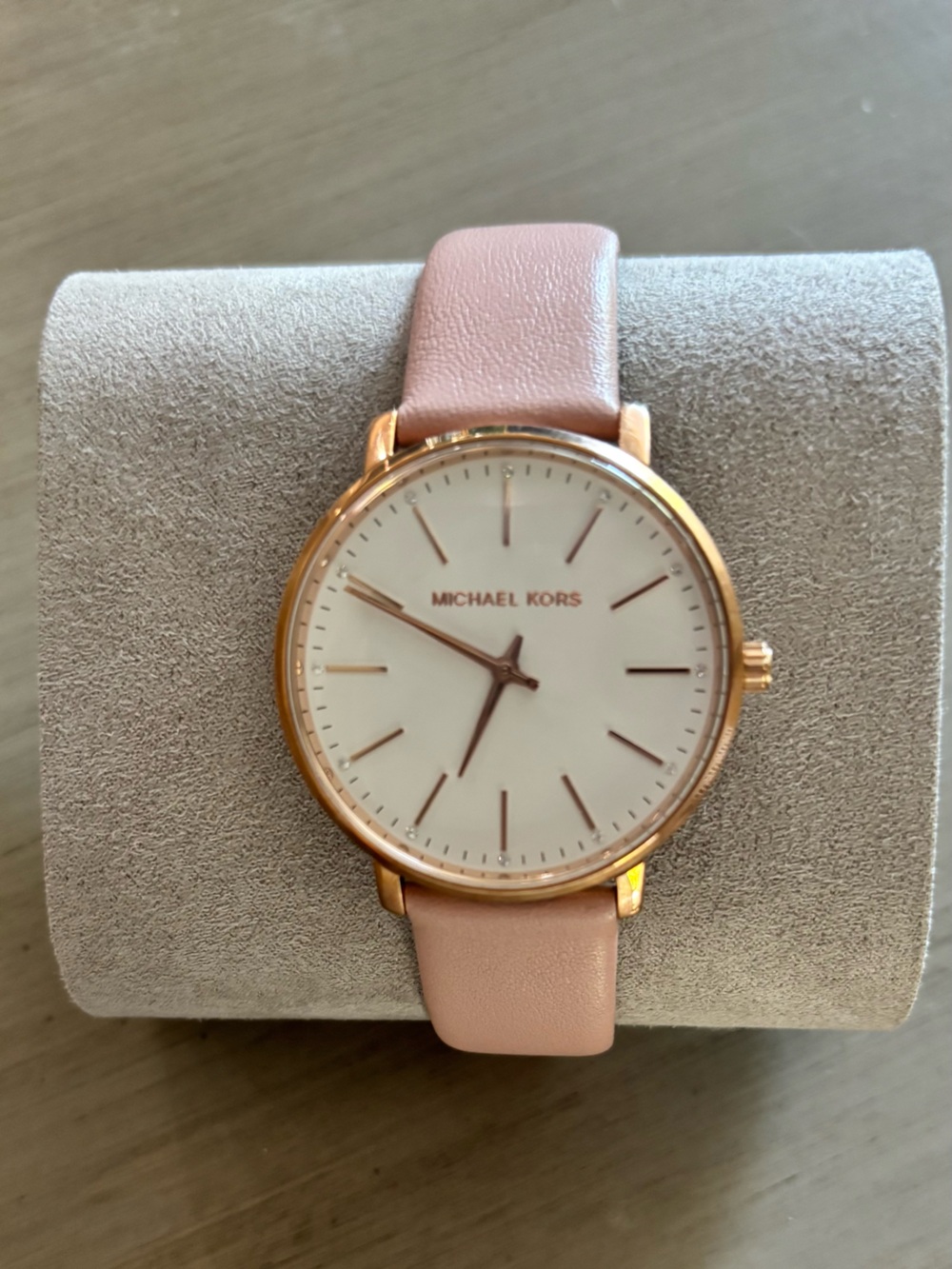 Michael Kors Pink Leather Strap Rose Gold Case Minimalist Watch